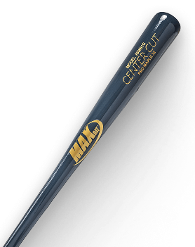 Dark blue baseball bat with MAX, MODEL JBB001G, CENTER CUT, PRO MAPLE 32 in gold text.
